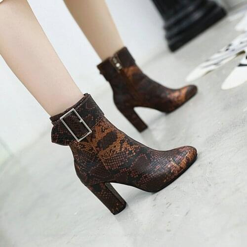 Winter New Ladies Snake Print Pu Round Toe Zipper Thick Heel High Heels Women Casual Party Autumn Ankle Boots Large Size 36-43