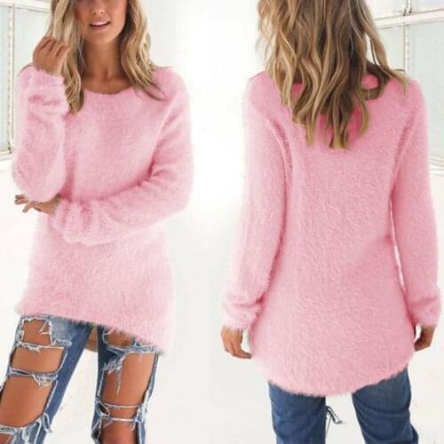 2020 Womens Long Knitted Sweaters Pullovers Jumpers Autumn Winter Thick Warm Clothes Round Collar Soft Solid Pink Cold Blouse