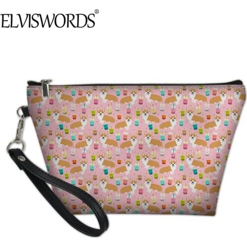ELVISWORDS PU Leather Cosmetic Case Women Cute Welsh Corgi Pattern Ladies Makeup Bag Casual Pouch Case Puppy Neceser Mujer