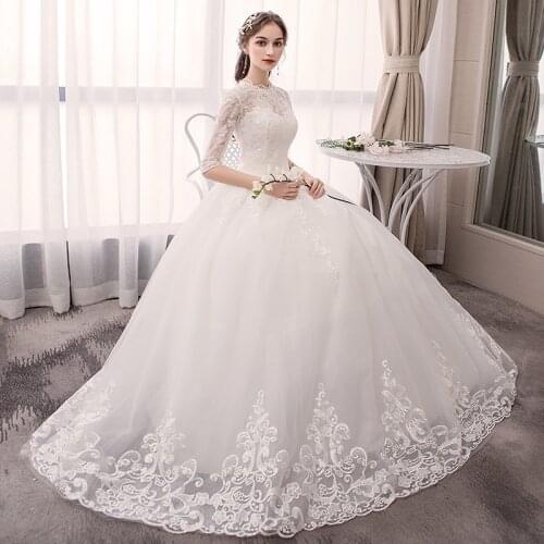 LAMYA Lace Flower High Neck Bride Dress Half Sleeve Ball Gown Vestidos De Novia Fashion Simple Wedding Dresses 100% Real Photo