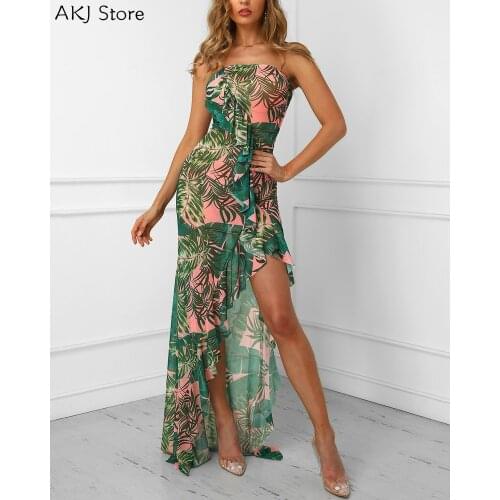 Women Sexy Off Shoulder Printed Irregular Ruffles Hem Dress