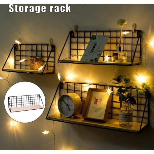 Wholesale 3Pack Wall Shelves Wood Iron Metal Storage Shelves Punch Free For Kitchen Bathroom Living Room Bedroom Office N66