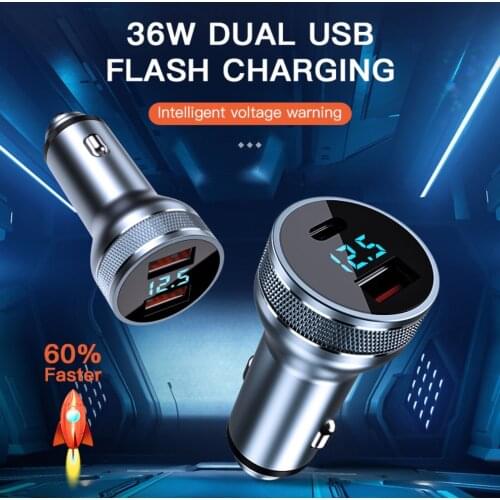 TKEY 36W Metal Car Charger Digital Display Dual Ports QC+QC PD+QC 3.0 Fast Charging Aluminum Alloy Multifunctional Car Charger