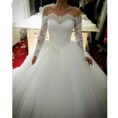 Ball Gown long Sleeve Cheap Wedding Dresses Boat Neck Lace Appliques Lace Bridal Gowns Beading Sequins Vestido De Novias