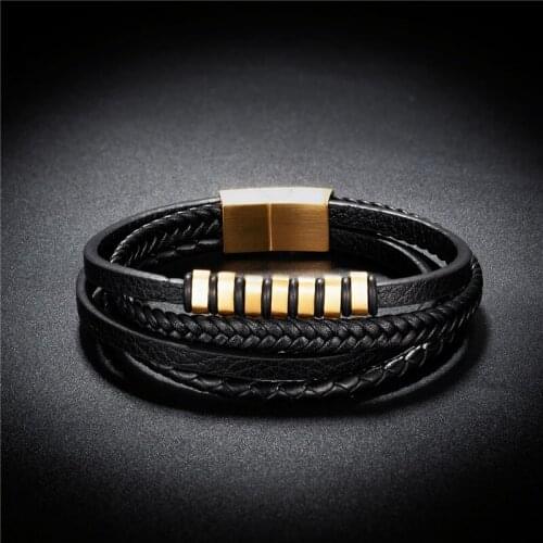 New Vintage Genuine Leather Bracelet Stainless Steel Magnet Buckle Bracelets for Men Jewelry Classic Multi-layer Rope Bracelet