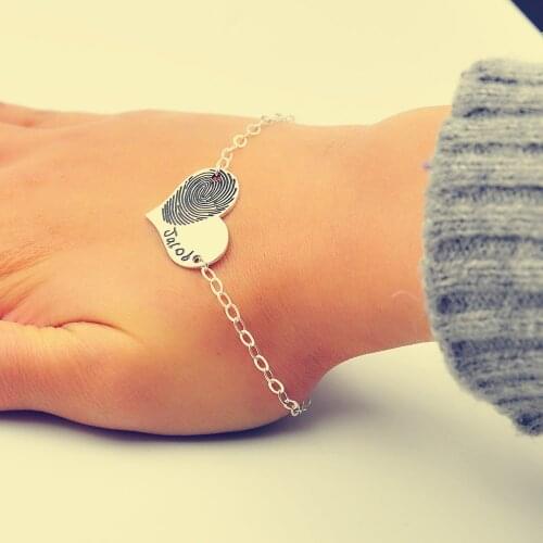Custom 925 Solid Silve Engraved Fingerprint Heart Bracelet Engrave Fingerp Handwriting Bracelet Personalized Signature Bracelet