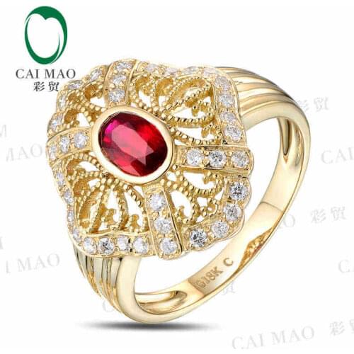 CaiMao 18KT/750 Yellow Gold 0.65 ct Natural Red Blood Ruby & 0.40 ct Round Cut Diamond Engagement Gemstone Ring Jewelry