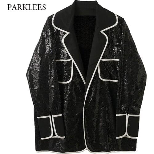 Black Sequin Glitter Shirt Men Casual Oversized Shinny Mens Shirt Jacket Stage Party Nightclub Costume Chemise Homme Camisas