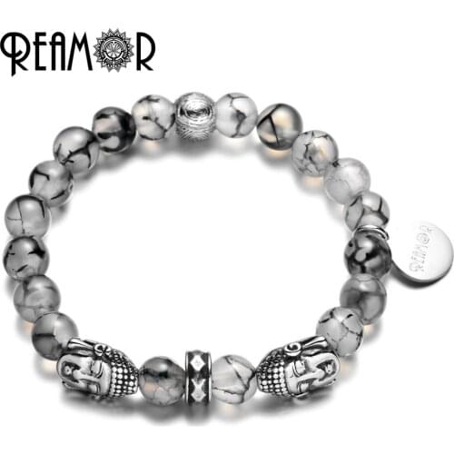 REAMOR Buddha Beads Elastic Bracelet with Natural Black Crackle Onyx Stone Beads Religious Bracelets jewelry for Men Jewelry