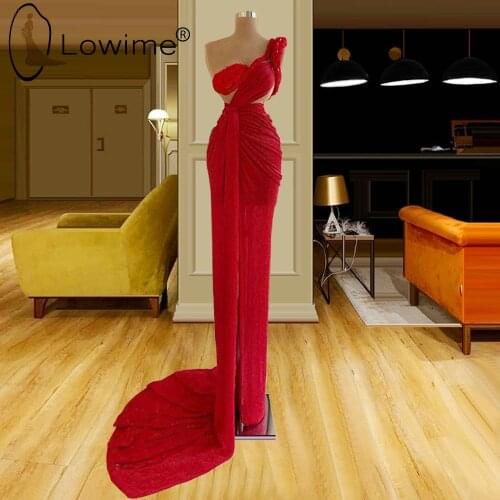 Red One Shoulder Mermaid Evening Dresses Sexy Cut Away Sides Evening Gowns 2021 Custom Made Long Robes