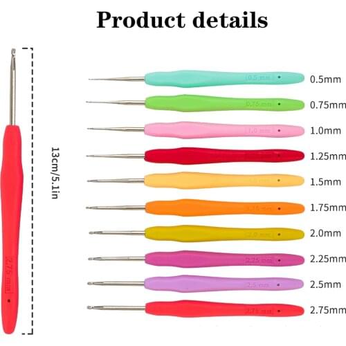 Crochet Hook Set 0.5-2.7mm 10pcs/set Aluminum Ergonomic Crochet Needles with Colorful Soft Rubber Grip Cushioned Handles Needles