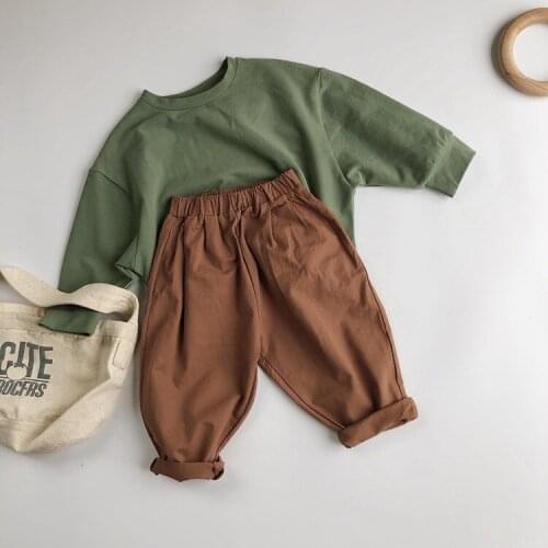 2021 Spring New KoreanChildren Artistic Pure Cotton Woven Trouser Baggy Pants baby pants korean baby clothes