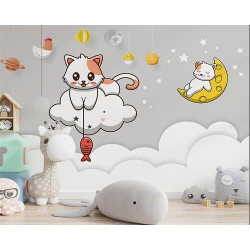 Custom 3D mural wallpaper cartoon hand-painted kitten fishing childrens room baby room bedroom background photo wallpaper