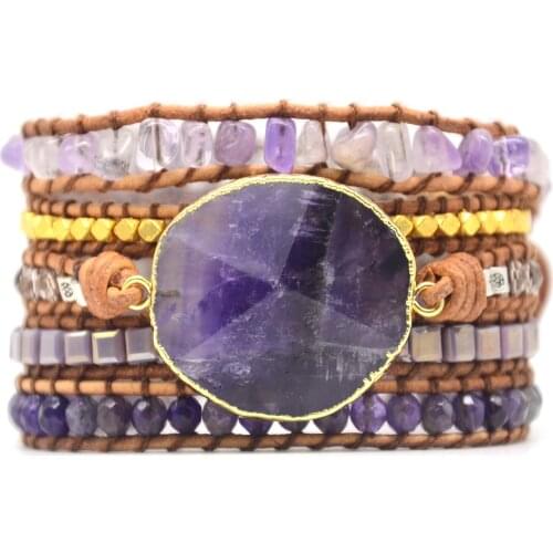 Womens Wrap Bracelet Natural Stones Amethyst Charm 5 Strands Wrap Bracelets Handmade Boho Bracelet