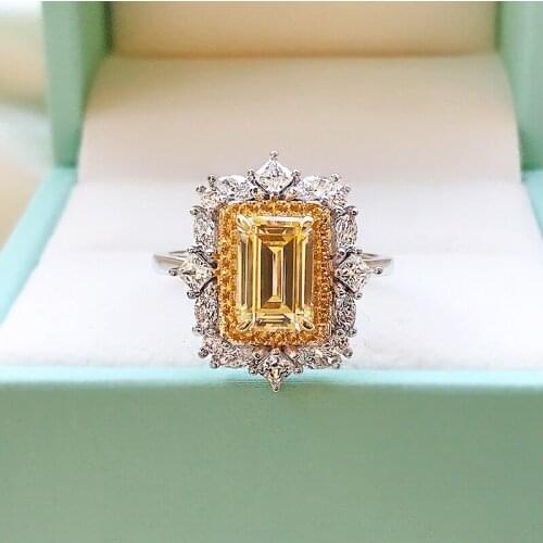 Real 925 Sterling Silver Emerald Cut Citrine Created Moissanite Gemstone Rings For Women Wedding Bands Engagement Fine Jewelry