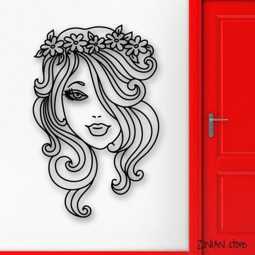 Sexy Girl Wall Decals Woman With Flower Wreath Beautiful Hair Wall Sticker For Teen Bedroom Removable Art Mural Home Decor H024