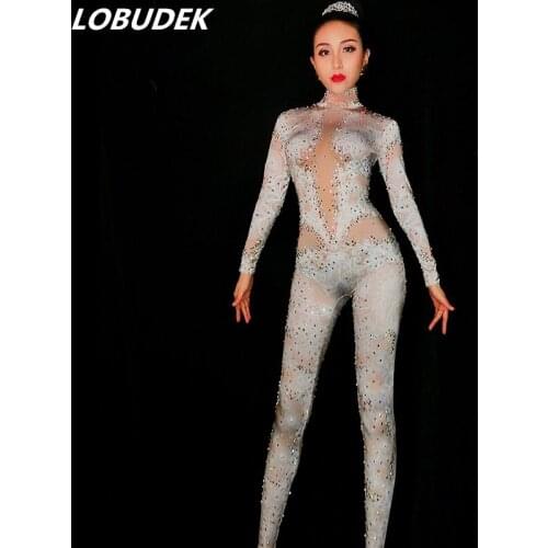 Sexy Women Singer Nightclub Clothing White Lace Printing Rhinestones Skinny Jumpsuit Female DJ Singer Stage Performance Bodysuit