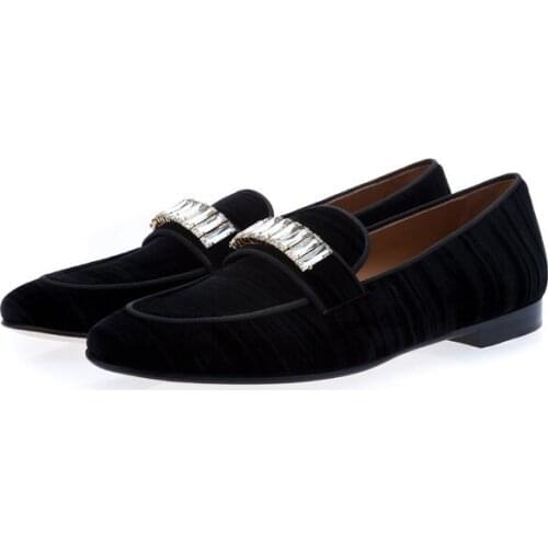 SHOOEGLE High Quality Men Slip On Spring Summer Black Blue Velvet Crystal Studs Loafers Luxury Handmade Diamond Wedding Shoes