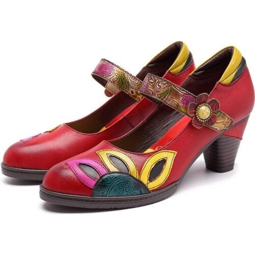 Woman Pumps Genuine Leather Retro Block Thick High heels 2020 3-5CM Buckle Strap Women Shoes Colorblock Flowers femme pompes