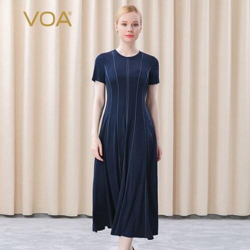 VOA 33M/m Silk Double-sided Flat Knitted Tibetan Green Round Collar White Arched Needle Mid-waist Base Short-sleeved Dress AE557