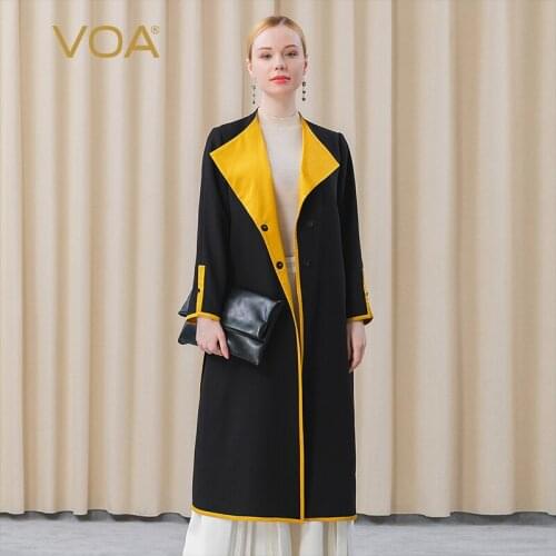 VOA 60m/m Heavy Silk Sand Black Ripped Yellow Bump Stitched Strap Cuffs Open Fork Long Windshield FE100 Women Clothes