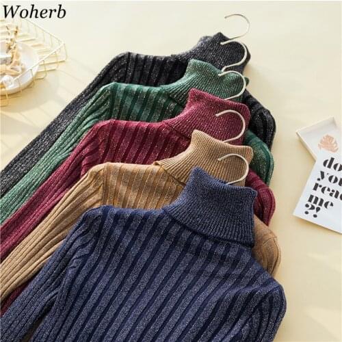 Woherb Korean Turtleneck Glitter Knitted Pullovers Stretch Slim Basic Sweater 2021 Autumn Winter Casual All Match Pull Femme