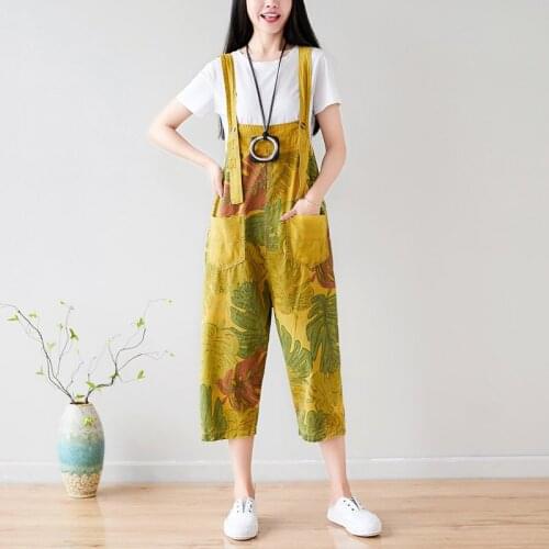 Women Summer Retro Printed Calf Length Jumpsuits Overalls Female Print Pants Ladies Vitnage Loose Rompers 2019 Thin Trousers