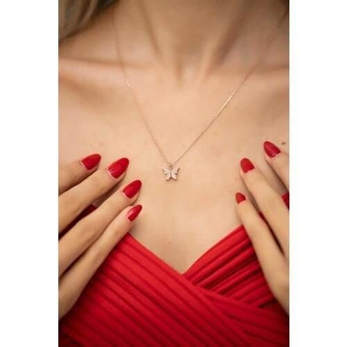 İzla Design 5900 Butterfly Pattern Rose Plated Zircon Silver Necklace