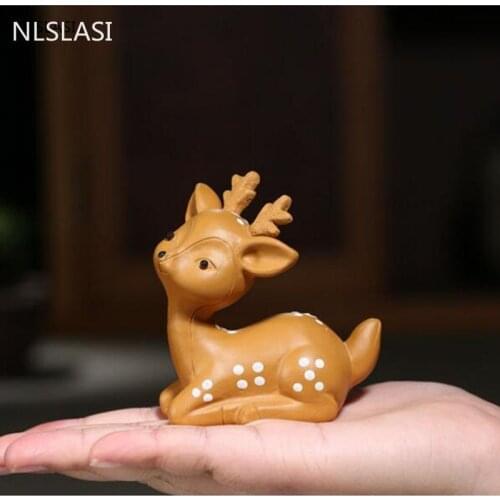 1PCS Handmade Purple Clay Tea pet Ornaments Longevity Deer Statue tea Figurine Boutique Tea decoration Accessories Crafts