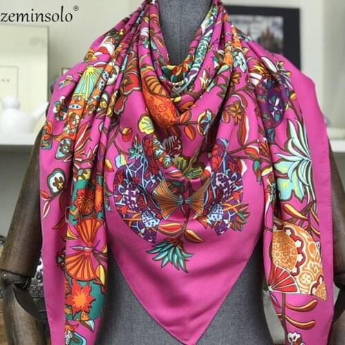 100% Silk Scarf Scarves For Women Floral Print Stoles Bandana Female Beach Shawls Wraps Large Foulard Square Scarves 130*130cm