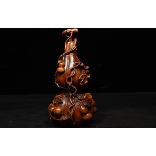 6" China Collection Old Boxwood Wooden gourd statue Gourd vine hanging small gourd Implication Ward off evil spirits Town House