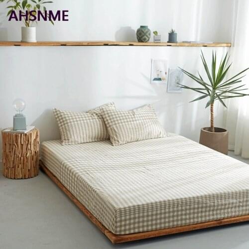 AHSNME Gradient beige plaid 100% Cotton sheets Super Soft parure de lit Cool Summer Simple Water Fitted Sheet 150/200/180/200cm
