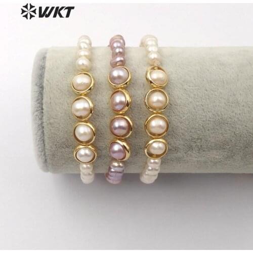 WT-B497 Natural Freshwater Pearl Bracelet Yellow/Purple Pearl Bracelet With Gold Electroplated Ring Around the Pearl Bangle