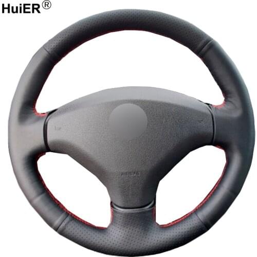 HuiER Hand Sewing Car Steering Wheel Cover Breathable Black Leather For Old Peugeot 408 Peugeot 308 Automobile Car Styling