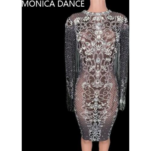 Black Nude Mesh See Through Transparent Crystals Dress Sexy Stage Evening Party Rhinestones Dress Birthday Tassel Fringes Dress