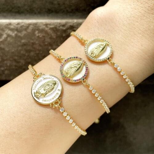 FLOLA Round Virgin Mary Bracelets For Women Gold Chain Enamel Charm Bracelet Bangle CZ Zirconia Wholesale Jewelry Gifts brtd08