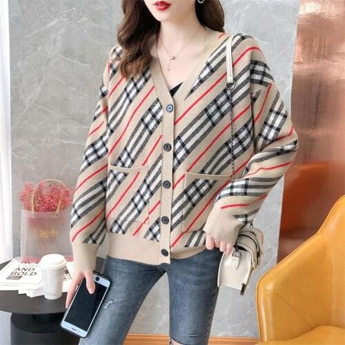 Plaid Jacket Knitted Cardigan Womens Sweater Cropped Jacket Spring Fall 2021 New Korean Loose V-Neck Sweater Coat s924