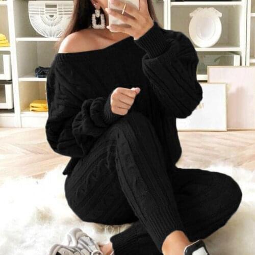 Pant Sets Women 2Pcs Winter Leisure elegance Solid Color Off Shoulder Sweater Pants Women Knitted Pajamas Set Womens Clothing