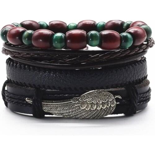 Black Wing Feather Cross Wooden Beads Rope Wrap Woven Rivet Leather Men Bracelets Women Fashion Bangle male Jewelry