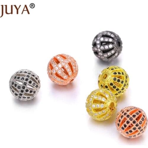 4pcs Wholesale Jewelry lots Spacer Beads Accessories DIY Bracelets 10mm Round Hollow Ball Beads copper metal Inlay CZ rhinestone