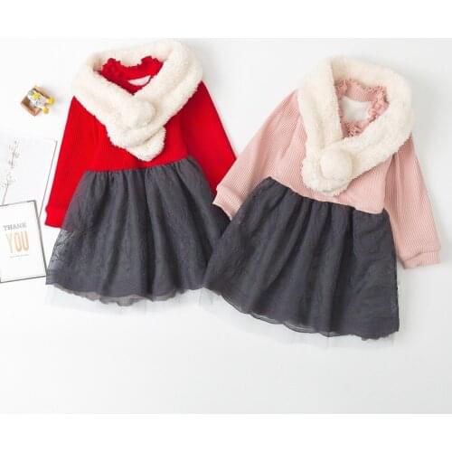 Sweet Korean Kids Princess Dresses for Girls Thicken Velvet Infant Toddler Baby Cute 2pcs Long Sleeve Dress with Scarf 0-4 Years