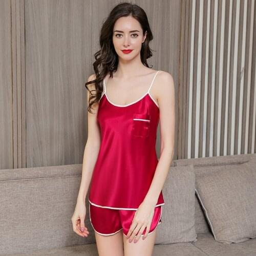 Latest 2020 Real Silk Sling Pajamas Sets Female Sexy Backless Silkworm Silk Sleepwear Shorts Two-Piece Womans Pyjama D33203