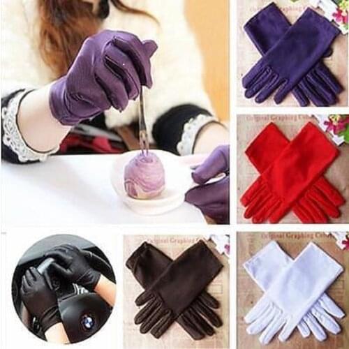 1 Pair Fashion Women Wrist Length Gloves Sexy Black White Red Short Satin Stretch Gloves for Ladies Girls Hand Gloves