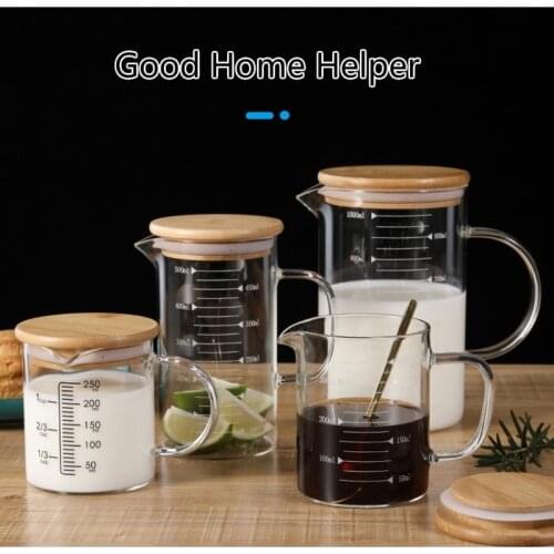 350ml/500ml/1000ml Heat-Resistant Glass Measuring Cup for Baking Accessories with Bamboo Lid Measuring Jug for Kitchen Items