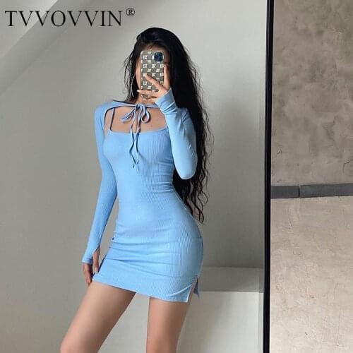 TVVOVVIN Korea Style Sexy Tight Split Sling Full Sleeve Lace-up Bow Hollow Out Bust Small Cardigan Two-piece Mini Dress HQ40
