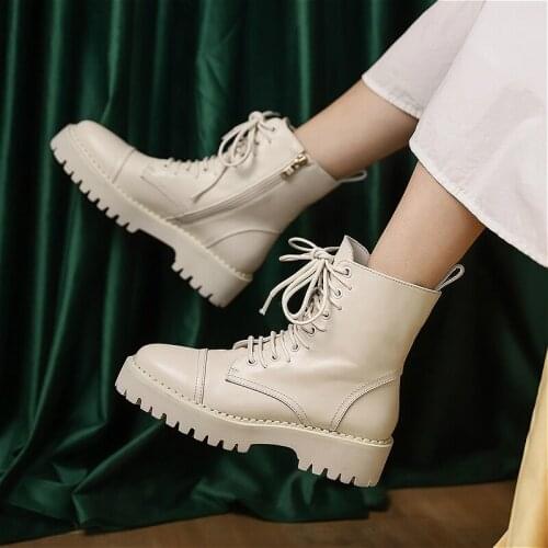Plus Size 34-40 Soft Split Genuine Leather Women White Ankle Boots Motorcycle Boots Female Autumn Winter Shoes Woman Punk Boots