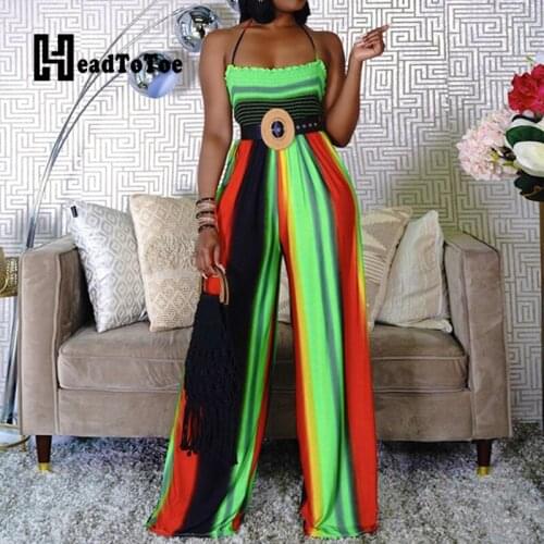Striped Colorblock Sexy Backless Halter Rompers Women Jumpsuit Casual Wide Leg One Piece Outfits
