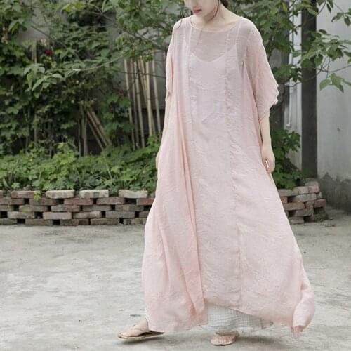 Johnature Women Vintage Light Pink Dresses O-Neck Half Sleeve Robes 2021 Summer New Tencel Loose Women Clothes Casual Dresses