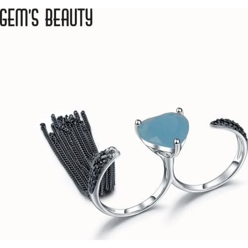 GEMS BEAUTY 925 Sterling Silver Heart Cut Natural Aqua-blue Calcedony Jewelry Rings For Women Handmade Adjustable Open Rings