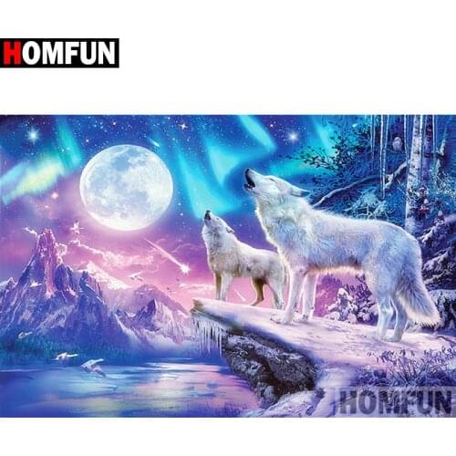 HOMFUN "Animal wolf moon" Diamond Painting 5D Full Square/Round Drill Home Decor DIY Diamond Embroidery Cross Stitch A27469